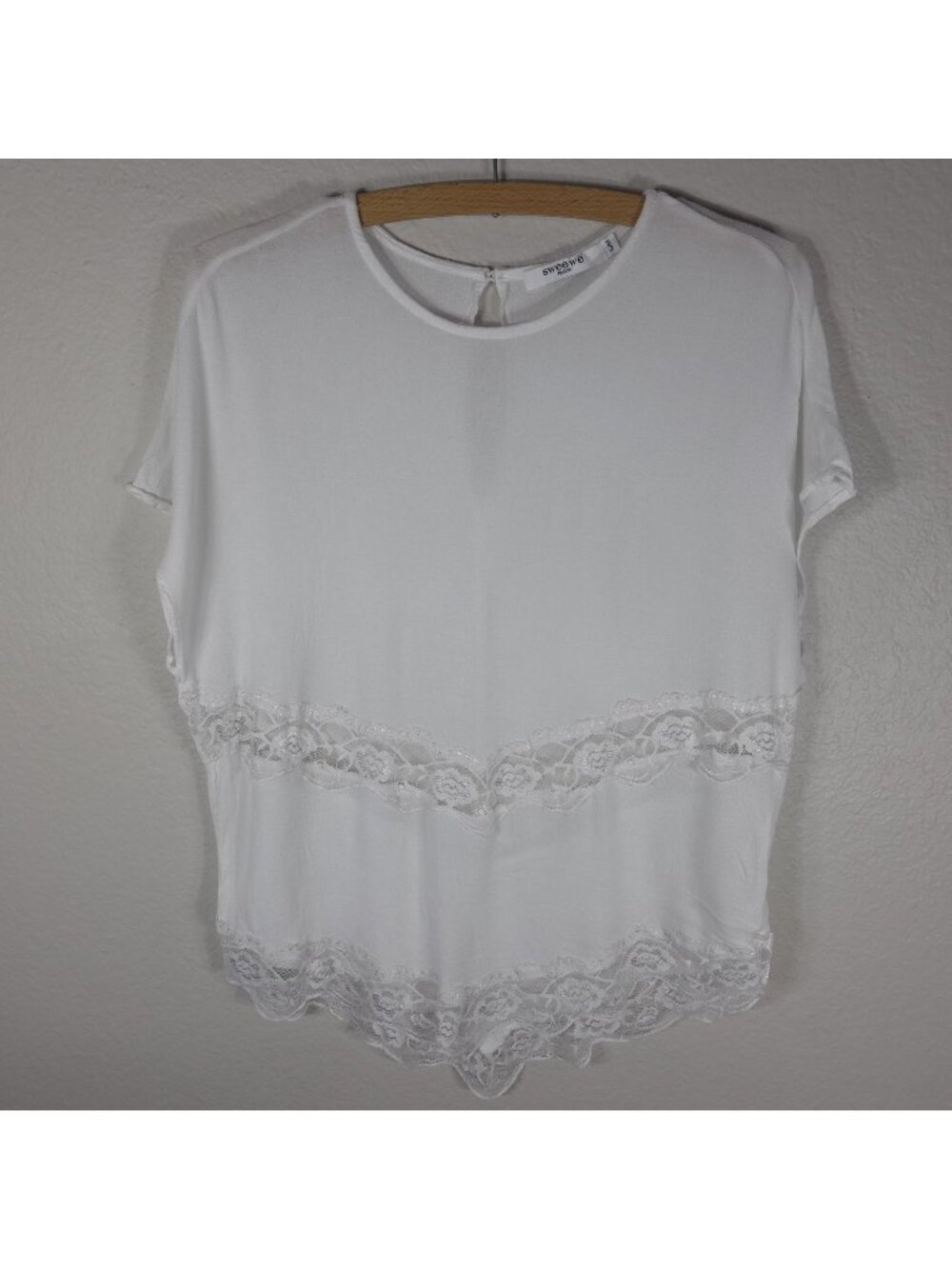 Sweewe Paris White Short Sleeve Tunic Top Lace Trim Size S M Sleeveless Viscose